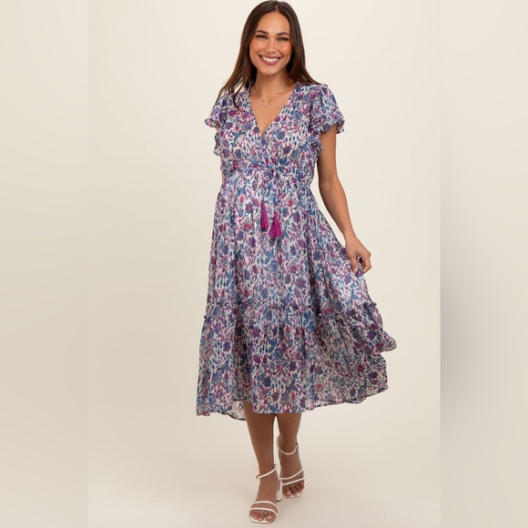Dresses & Skirts - Pinkblush Maternity Blue Floral Chiffon Flutter Sleeve Ruffle Hem Midi Dress